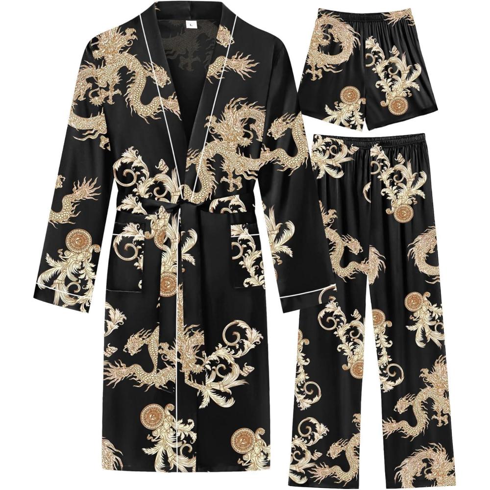 imageSWOMOG Mens 3 PCS Satin Robe with Pants amp Shorts Set Kimono Bathrobe Long Sleeve Sleepwear Pjs Sets with PocketsBlack Dragon