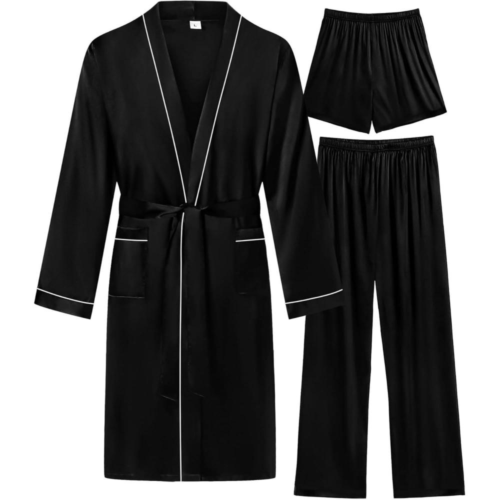 imageSWOMOG Mens 3 PCS Satin Robe with Pants amp Shorts Set Kimono Bathrobe Long Sleeve Sleepwear Pjs Sets with PocketsBlack1 White Trimming