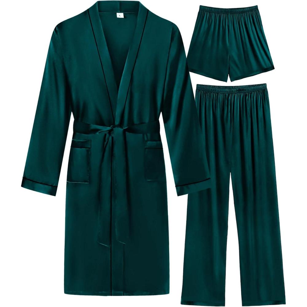 imageSWOMOG Mens 3 PCS Satin Robe with Pants amp Shorts Set Kimono Bathrobe Long Sleeve Sleepwear Pjs Sets with PocketsDeep Green