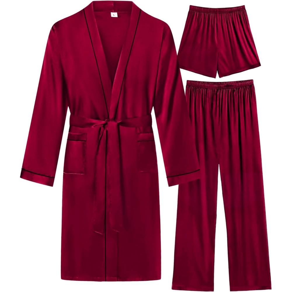 imageSWOMOG Mens 3 PCS Satin Robe with Pants amp Shorts Set Kimono Bathrobe Long Sleeve Sleepwear Pjs Sets with PocketsDeep Wine Red