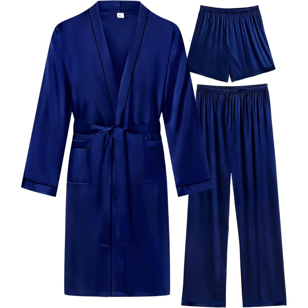 imageSWOMOG Mens 3 PCS Satin Robe with Pants amp Shorts Set Kimono Bathrobe Long Sleeve Sleepwear Pjs Sets with PocketsNavy Blue
