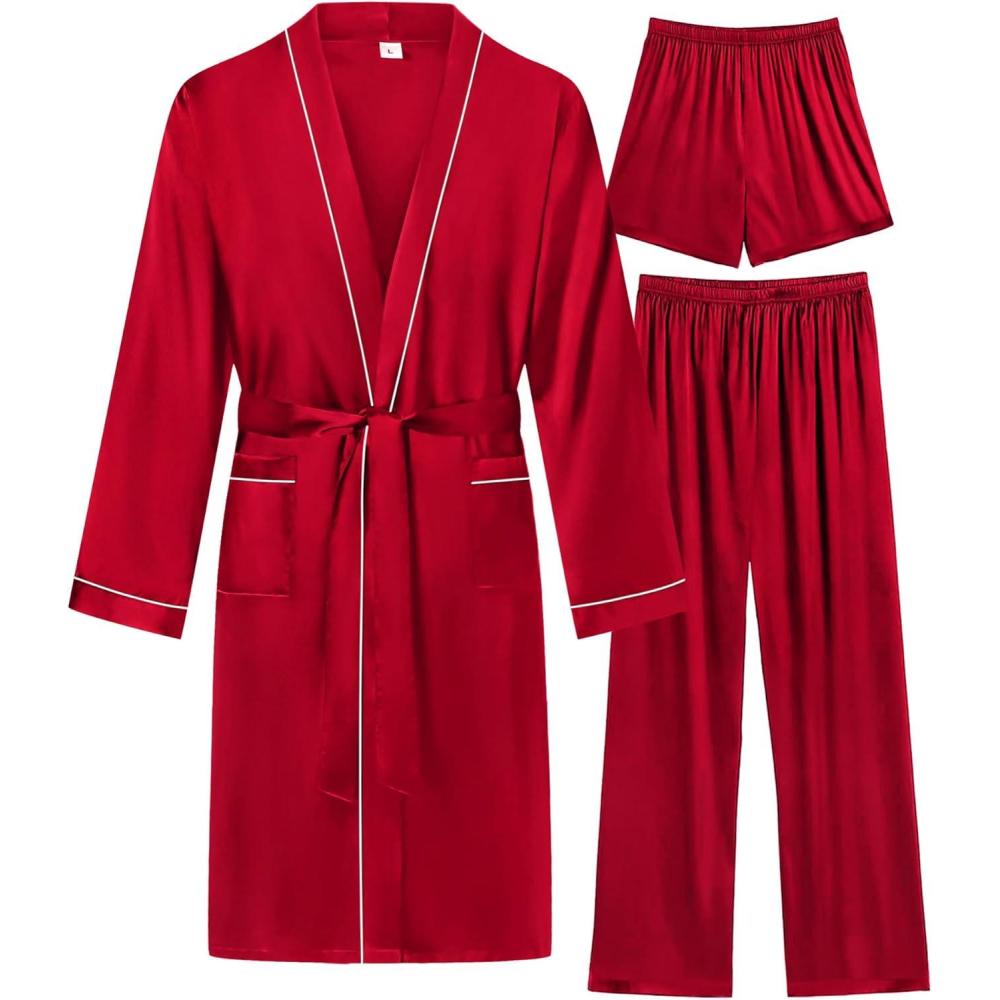 imageSWOMOG Mens 3 PCS Satin Robe with Pants amp Shorts Set Kimono Bathrobe Long Sleeve Sleepwear Pjs Sets with PocketsRed