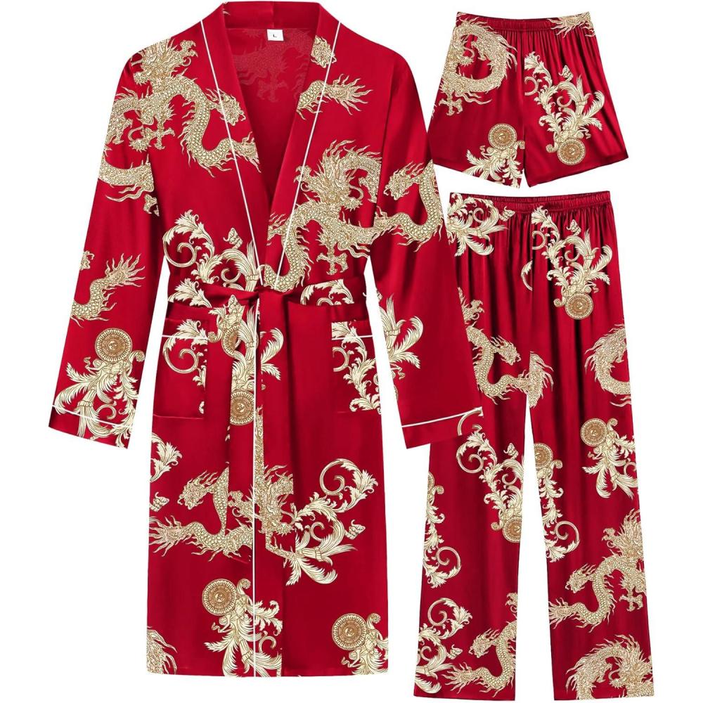 imageSWOMOG Mens 3 PCS Satin Robe with Pants amp Shorts Set Kimono Bathrobe Long Sleeve Sleepwear Pjs Sets with PocketsRed Dragon