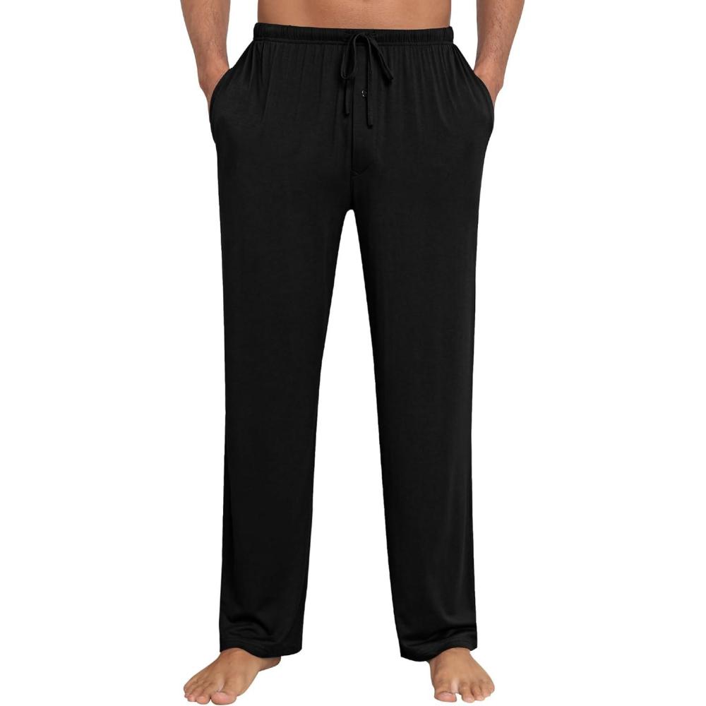 imageSWOMOG Mens Modal Pajama Pants Soft Lounge Pants Sleep Pj Bottoms with Button Fly amp Drawstring amp PocketsBlack