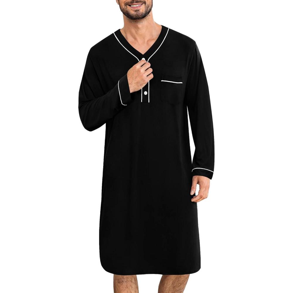 imageSWOMOG Mens Nightshirt Long Sleeve Nightgown Soft Loose Sleepwear Lightweight Nightwear Comfy Henley Sleep Shirt M3XLBlack