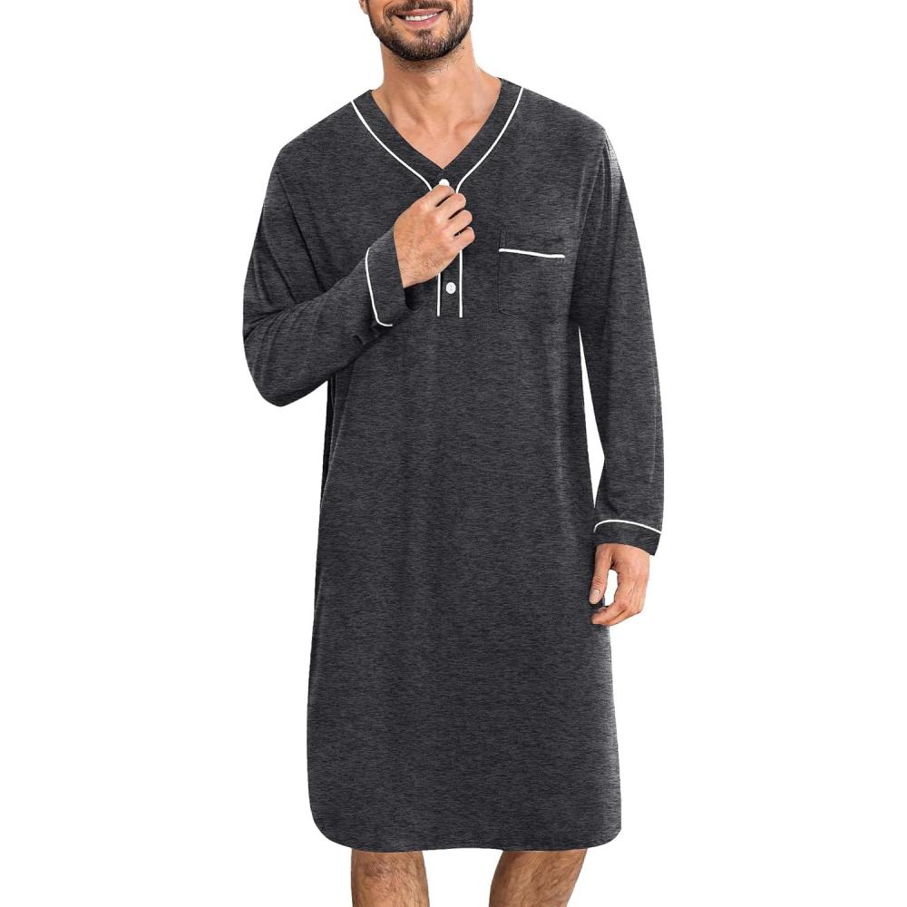 imageSWOMOG Mens Nightshirt Long Sleeve Nightgown Soft Loose Sleepwear Lightweight Nightwear Comfy Henley Sleep Shirt M3XLDeep Grey