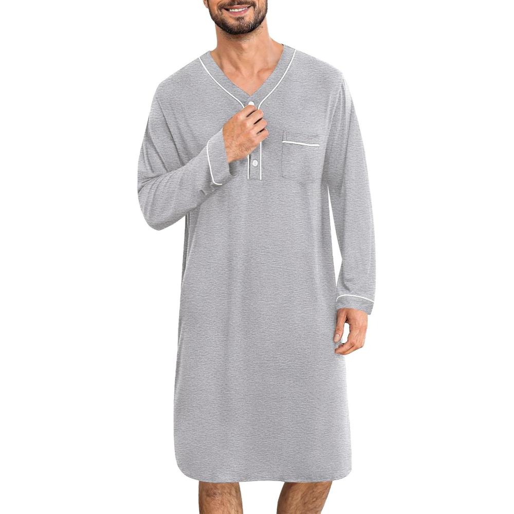 imageSWOMOG Mens Nightshirt Long Sleeve Nightgown Soft Loose Sleepwear Lightweight Nightwear Comfy Henley Sleep Shirt M3XLGrey