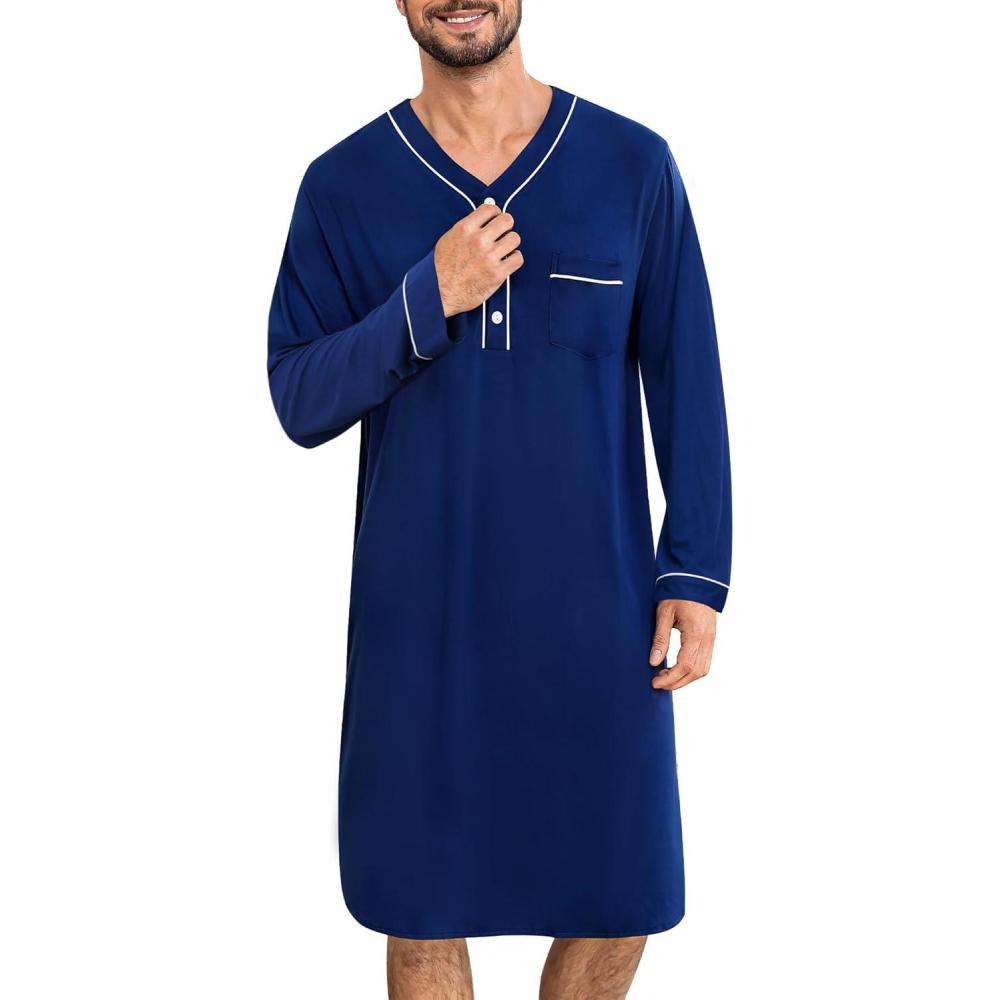 imageSWOMOG Mens Nightshirt Long Sleeve Nightgown Soft Loose Sleepwear Lightweight Nightwear Comfy Henley Sleep Shirt M3XLNavy Blue