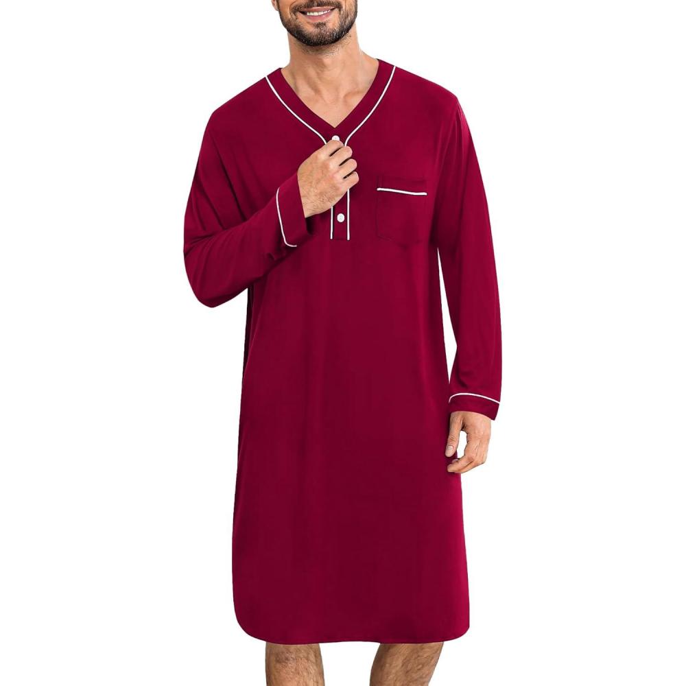 imageSWOMOG Mens Nightshirt Long Sleeve Nightgown Soft Loose Sleepwear Lightweight Nightwear Comfy Henley Sleep Shirt M3XLWine Red