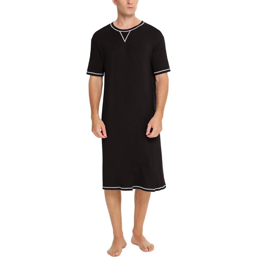 imageSWOMOG Mens Nightshirt Short Sleeve Nightgown Soft Loose Sleepwear Lightweight Nightwear Comfy Henley Sleep Shirt SXXLBlack