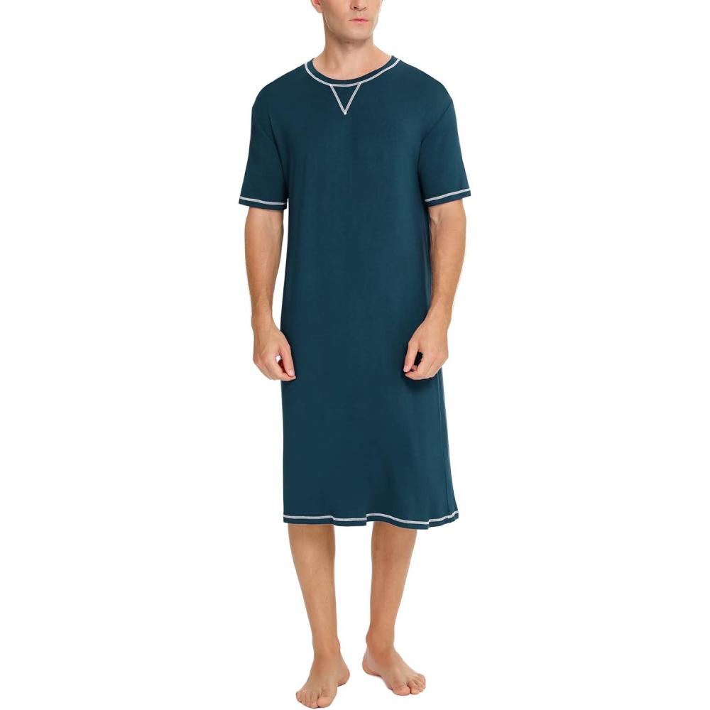 imageSWOMOG Mens Nightshirt Short Sleeve Nightgown Soft Loose Sleepwear Lightweight Nightwear Comfy Henley Sleep Shirt SXXLBlue Green