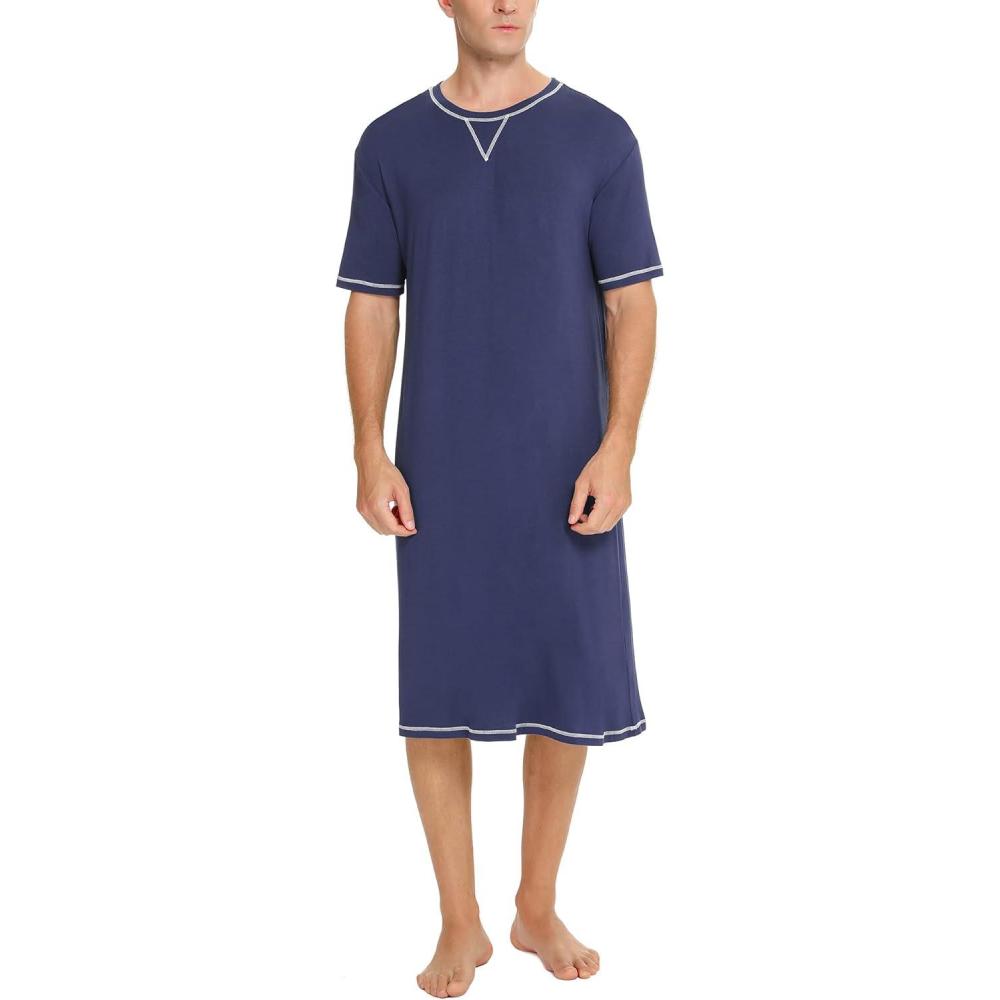imageSWOMOG Mens Nightshirt Short Sleeve Nightgown Soft Loose Sleepwear Lightweight Nightwear Comfy Henley Sleep Shirt SXXLNavy Blue