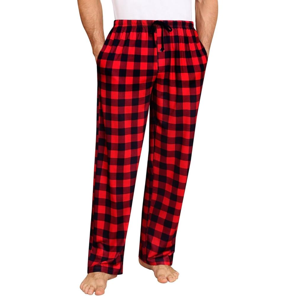 imageSWOMOG Mens Pajama Pants Soft Sleepwear Pant Lounge Pj Bottoms with Drawstring amp Button Fly amp PocketsRed Black Plaid