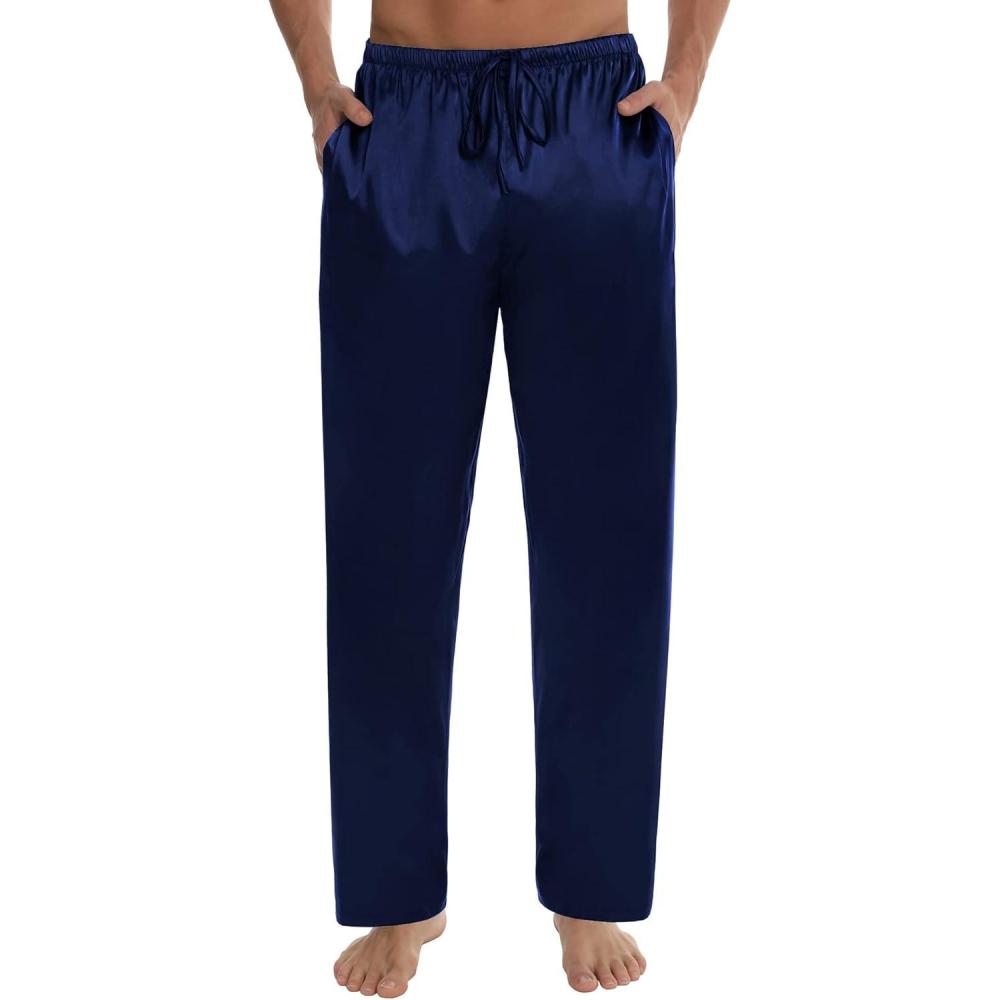 imageSWOMOG Mens Satin Silk Pajama Pant Long Pj Bottoms Soft Lounge Sleep Pants with Pockets amp DrawstringA Deep Navy Blue