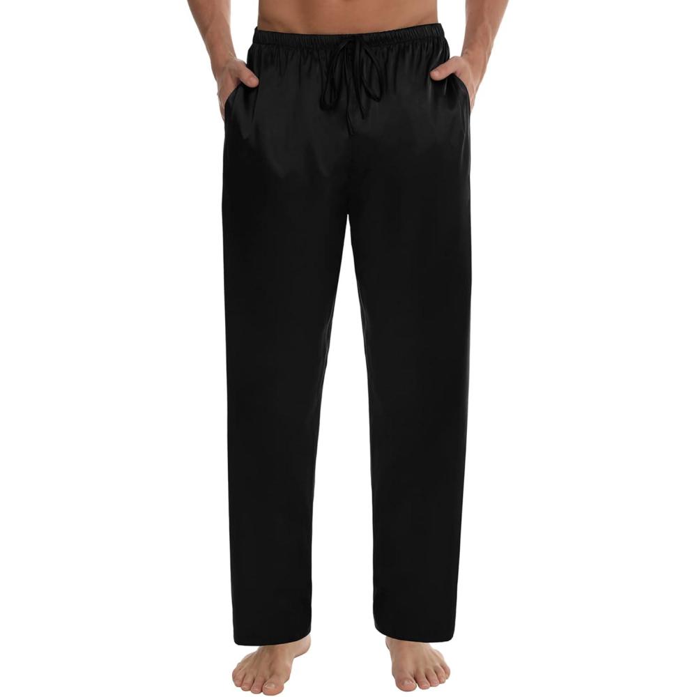 imageSWOMOG Mens Satin Silk Pajama Pant Long Pj Bottoms Soft Lounge Sleep Pants with Pockets amp DrawstringBlack
