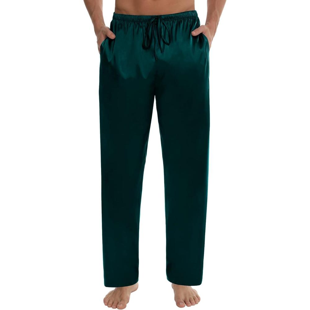 imageSWOMOG Mens Satin Silk Pajama Pant Long Pj Bottoms Soft Lounge Sleep Pants with Pockets amp DrawstringDeep Green