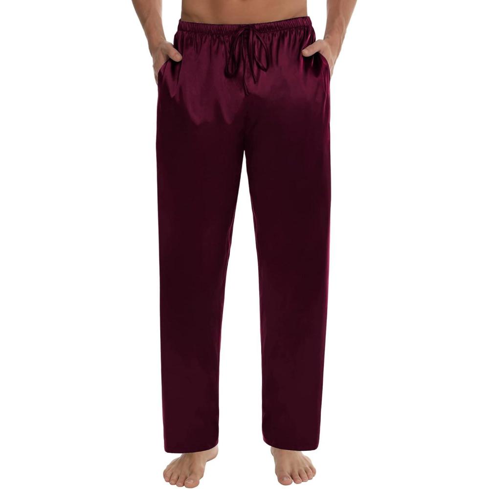 imageSWOMOG Mens Satin Silk Pajama Pant Long Pj Bottoms Soft Lounge Sleep Pants with Pockets amp DrawstringDeep Wine Red