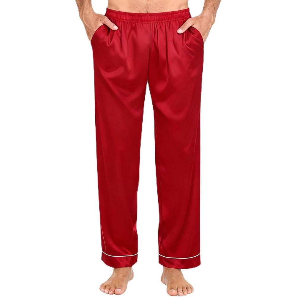 imageSWOMOG Mens Satin Silk Pajama Pant Long Pj Bottoms Soft Lounge Sleep Pants with Pockets amp DrawstringPiping Red