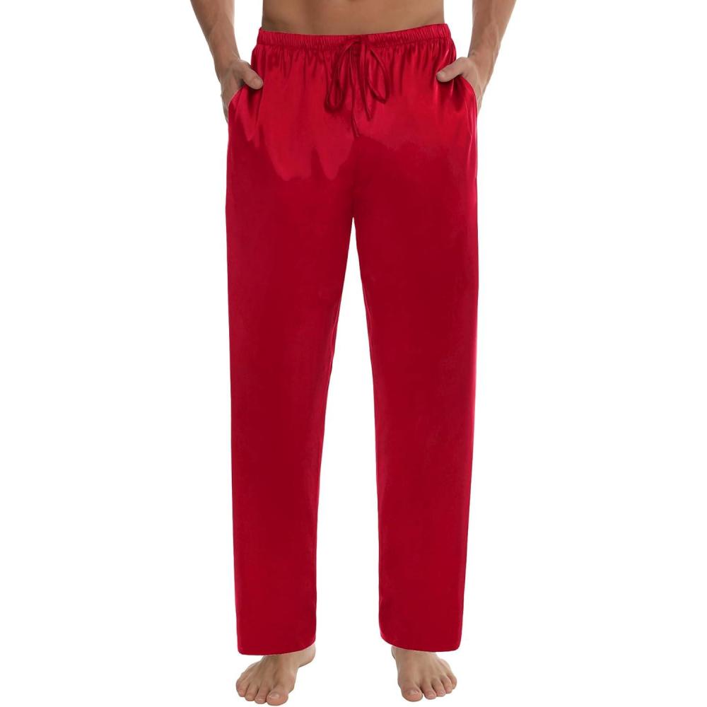 imageSWOMOG Mens Satin Silk Pajama Pant Long Pj Bottoms Soft Lounge Sleep Pants with Pockets amp DrawstringRed