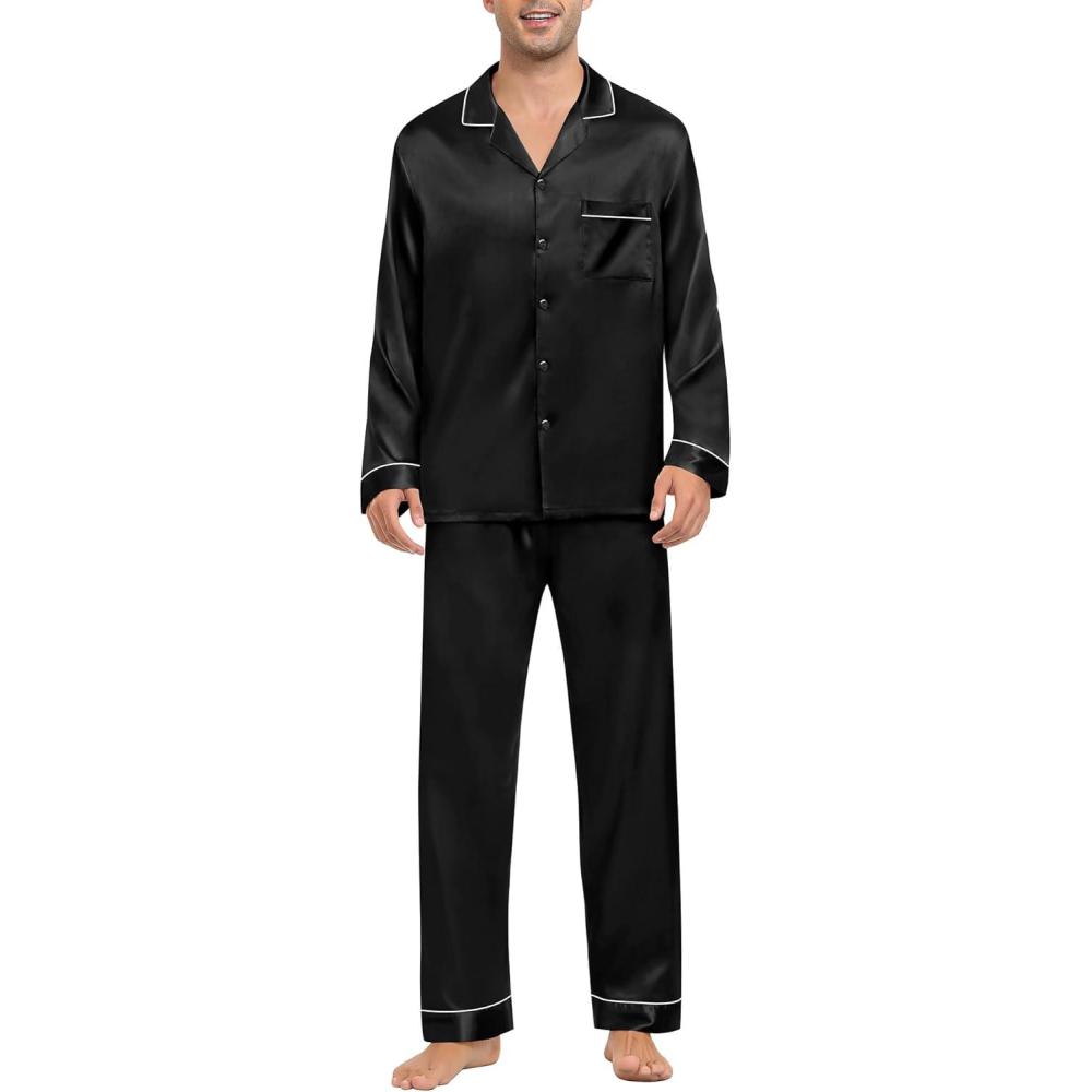 imageSWOMOG Mens Silk Pajamas Set Satin Long Sleeve Button Down 2 PCS Sleepwear V Neck Classic Loungewear Pjs with Long PantsAblack