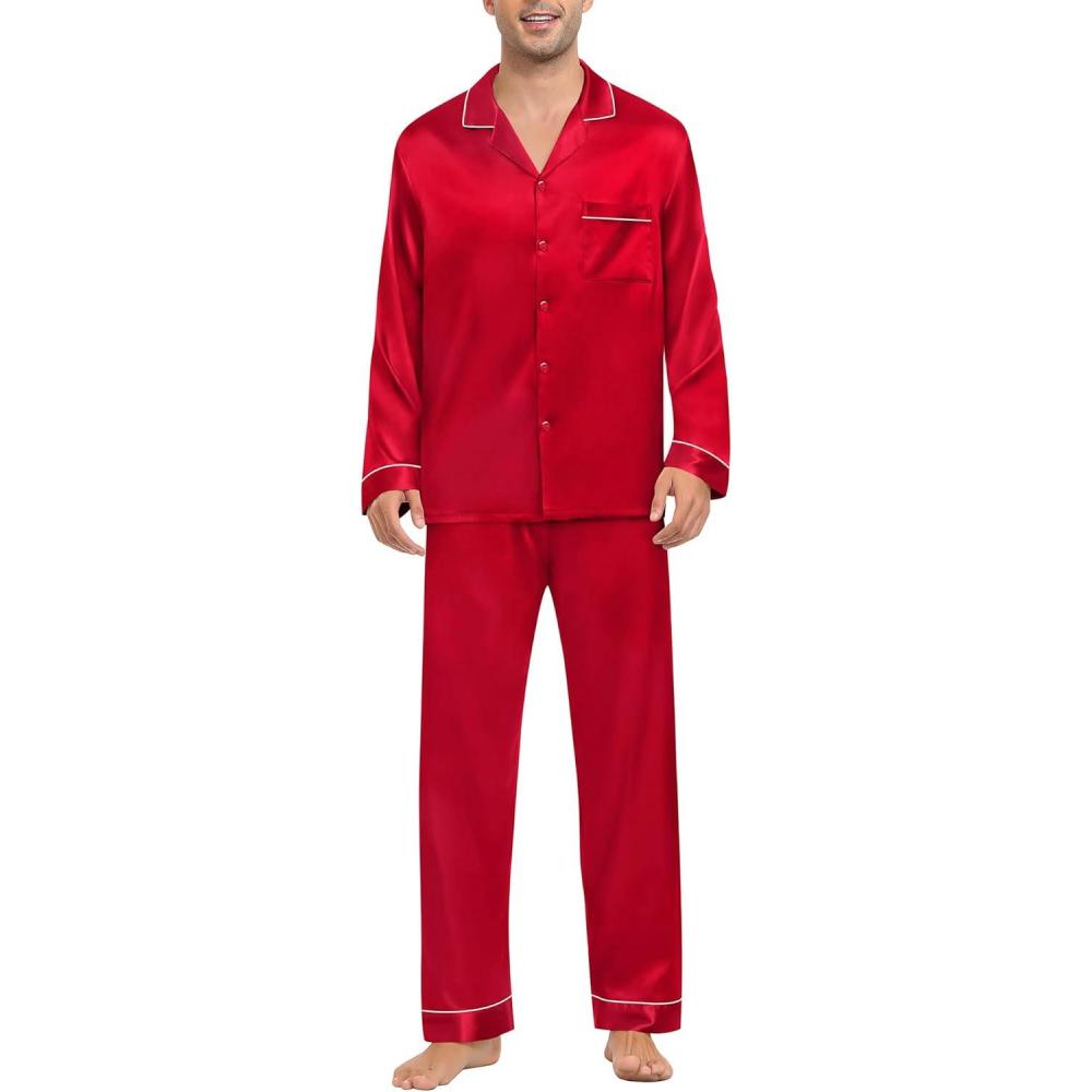imageSWOMOG Mens Silk Pajamas Set Satin Long Sleeve Button Down 2 PCS Sleepwear V Neck Classic Loungewear Pjs with Long PantsAred