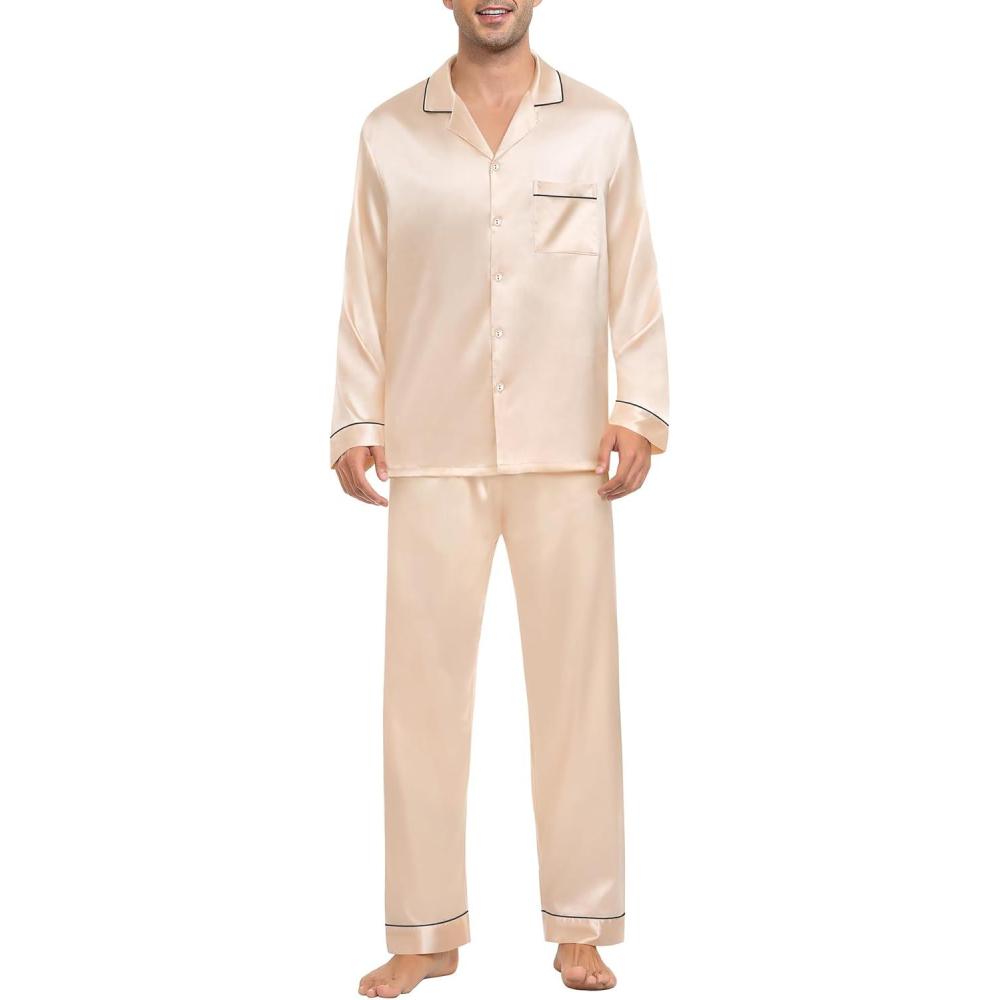 imageSWOMOG Mens Silk Pajamas Set Satin Long Sleeve Button Down 2 PCS Sleepwear V Neck Classic Loungewear Pjs with Long PantsChampagne