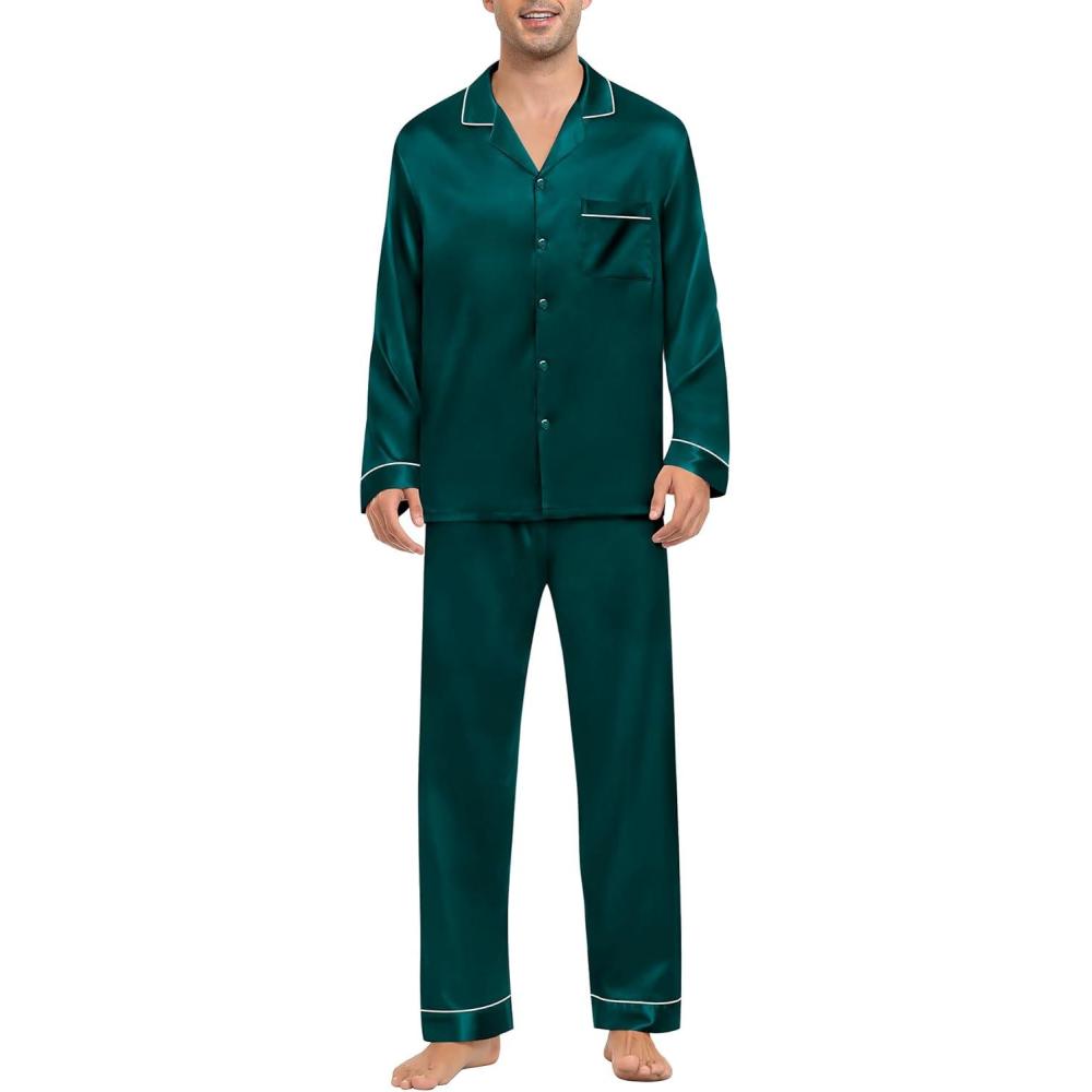 imageSWOMOG Mens Silk Pajamas Set Satin Long Sleeve Button Down 2 PCS Sleepwear V Neck Classic Loungewear Pjs with Long PantsDark Green