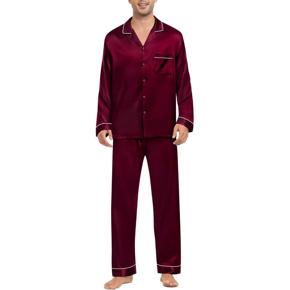 imageSWOMOG Mens Silk Pajamas Set Satin Long Sleeve Button Down 2 PCS Sleepwear V Neck Classic Loungewear Pjs with Long PantsDark Wine Red