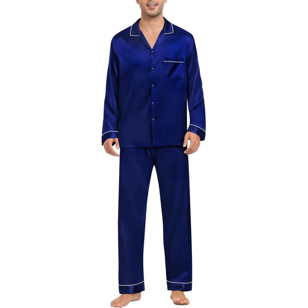 imageSWOMOG Mens Silk Pajamas Set Satin Long Sleeve Button Down 2 PCS Sleepwear V Neck Classic Loungewear Pjs with Long PantsNavy Blue