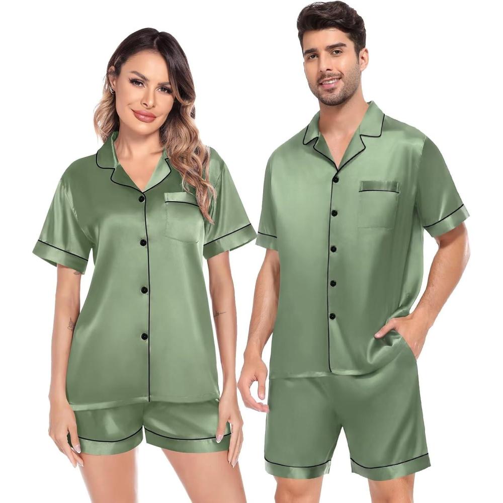 imageSWOMOG Satin Matching Pajamas Sets Couple Silk Button Down Nightwear Women amp Men Short Sleeve Sleepwear 2 Pieces Loungewear