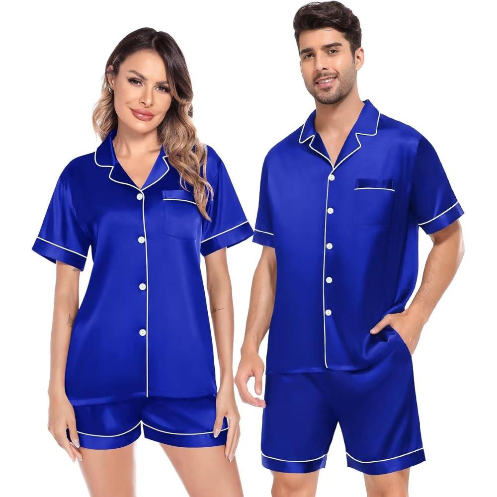 imageSWOMOG Satin Matching Pajamas Sets Couple Silk Button Down Nightwear Women amp Men Short Sleeve Sleepwear 2 Pieces LoungewearBlue