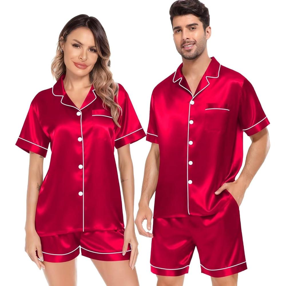 imageSWOMOG Satin Matching Pajamas Sets Couple Silk Button Down Nightwear Women amp Men Short Sleeve Sleepwear 2 Pieces LoungewearCamellia Red