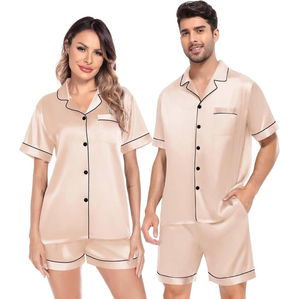 imageSWOMOG Satin Matching Pajamas Sets Couple Silk Button Down Nightwear Women amp Men Short Sleeve Sleepwear 2 Pieces LoungewearChampagne