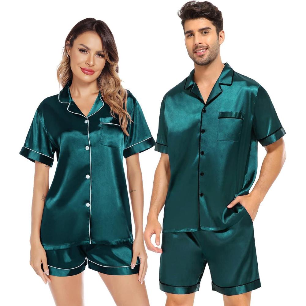 imageSWOMOG Satin Matching Pajamas Sets Couple Silk Button Down Nightwear Women amp Men Short Sleeve Sleepwear 2 Pieces LoungewearDark Green