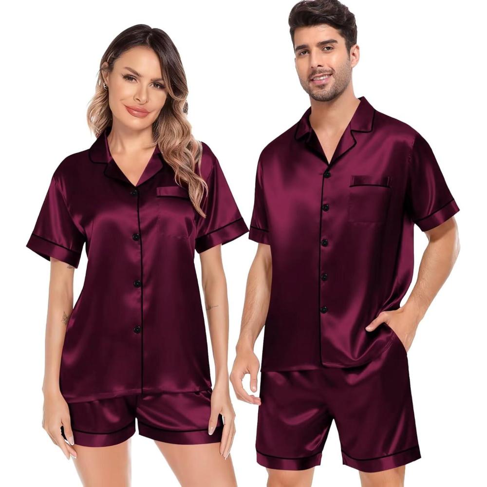 imageSWOMOG Satin Matching Pajamas Sets Couple Silk Button Down Nightwear Women amp Men Short Sleeve Sleepwear 2 Pieces LoungewearDark Wine Red