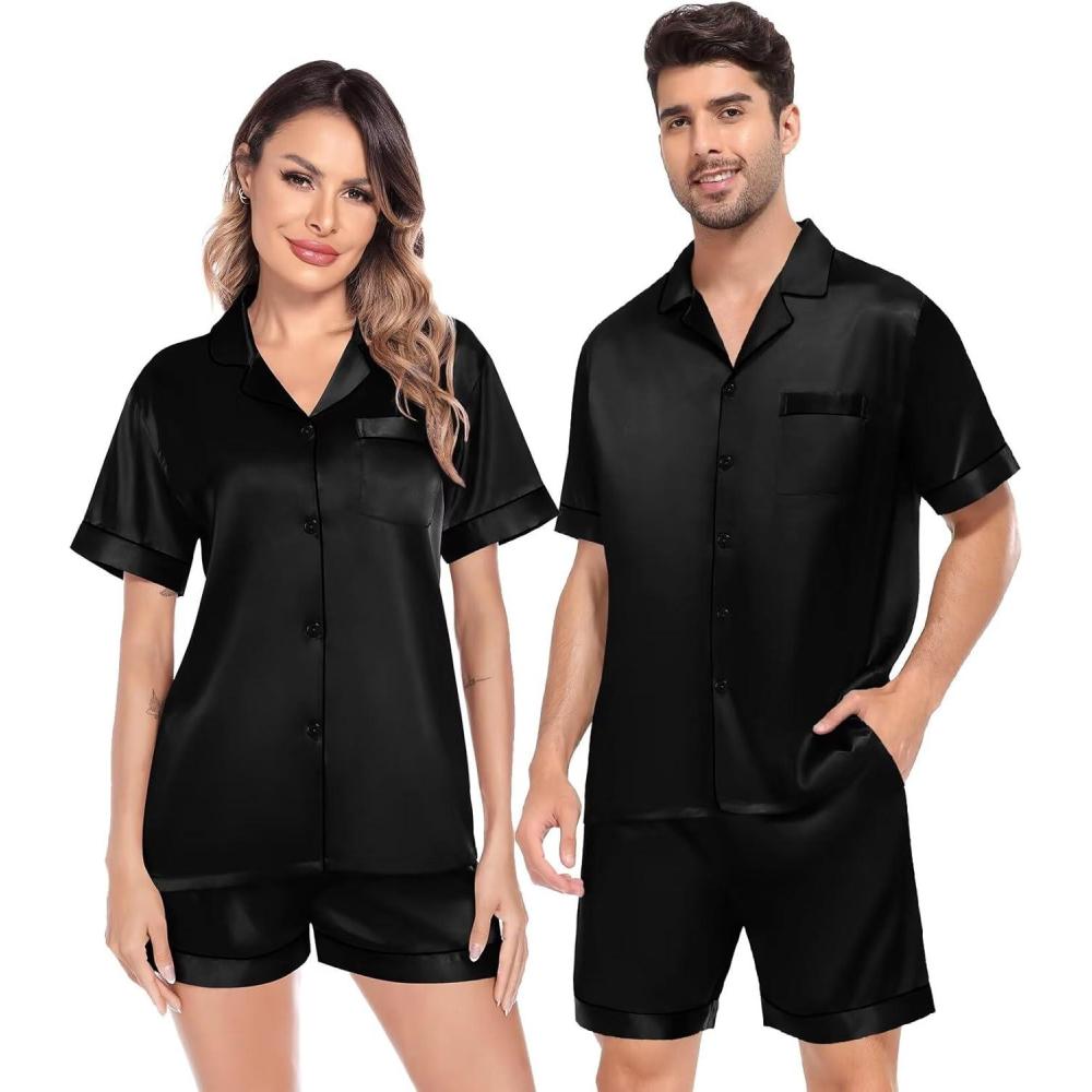 imageSWOMOG Satin Matching Pajamas Sets Couple Silk Button Down Nightwear Women amp Men Short Sleeve Sleepwear 2 Pieces LoungewearDimblack