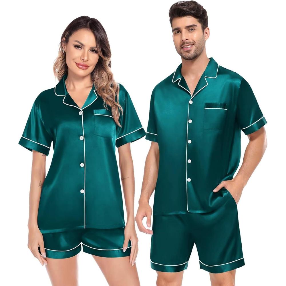 imageSWOMOG Satin Matching Pajamas Sets Couple Silk Button Down Nightwear Women amp Men Short Sleeve Sleepwear 2 Pieces LoungewearGreen