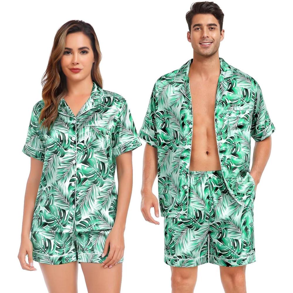 imageSWOMOG Satin Matching Pajamas Sets Couple Silk Button Down Nightwear Women amp Men Short Sleeve Sleepwear 2 Pieces LoungewearGreen Leaves