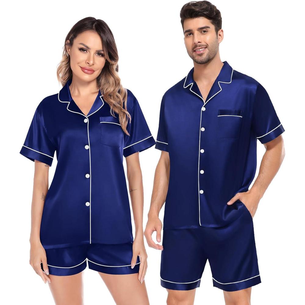 imageSWOMOG Satin Matching Pajamas Sets Couple Silk Button Down Nightwear Women amp Men Short Sleeve Sleepwear 2 Pieces LoungewearNavy Blue