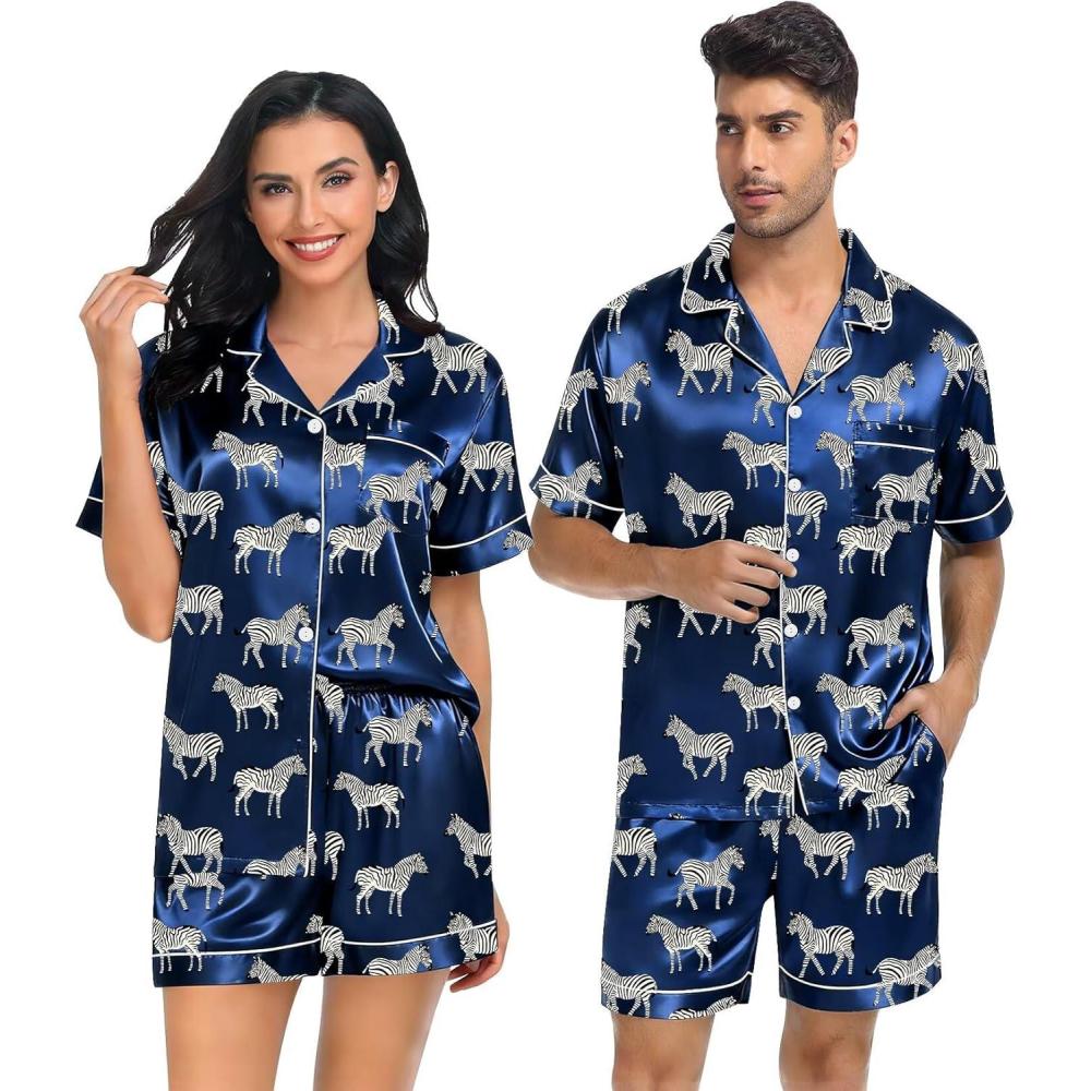 imageSWOMOG Satin Matching Pajamas Sets Couple Silk Button Down Nightwear Women amp Men Short Sleeve Sleepwear 2 Pieces LoungewearNavy Blue Zebra
