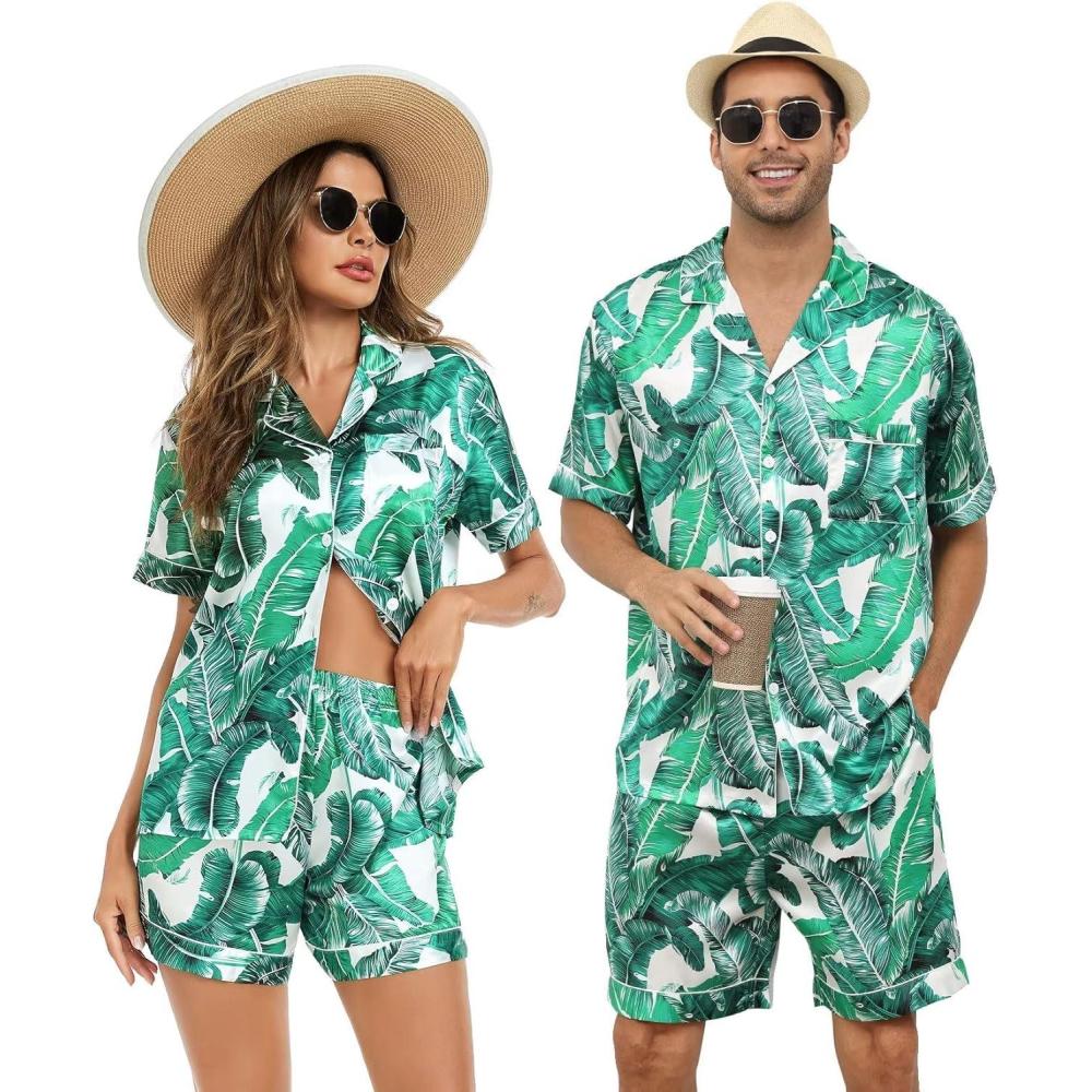 imageSWOMOG Satin Matching Pajamas Sets Couple Silk Button Down Nightwear Women amp Men Short Sleeve Sleepwear 2 Pieces LoungewearWhite Leaves