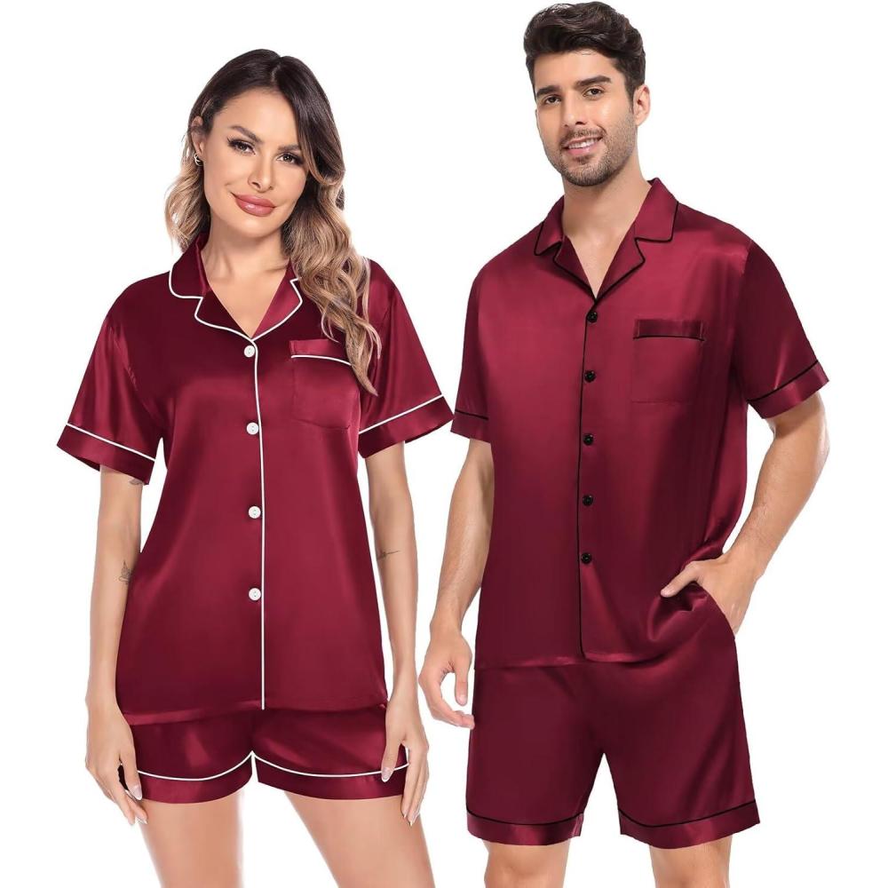 imageSWOMOG Satin Matching Pajamas Sets Couple Silk Button Down Nightwear Women amp Men Short Sleeve Sleepwear 2 Pieces LoungewearWine Red