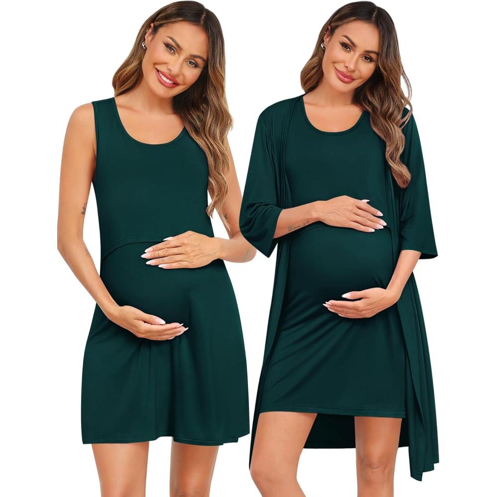 imageSWOMOG Women Maternity Nursing Gown and 34 Sleeve Robe Set Labor Delivery Nightgown Breastfeeding Hospital BathrobeEmerald Green