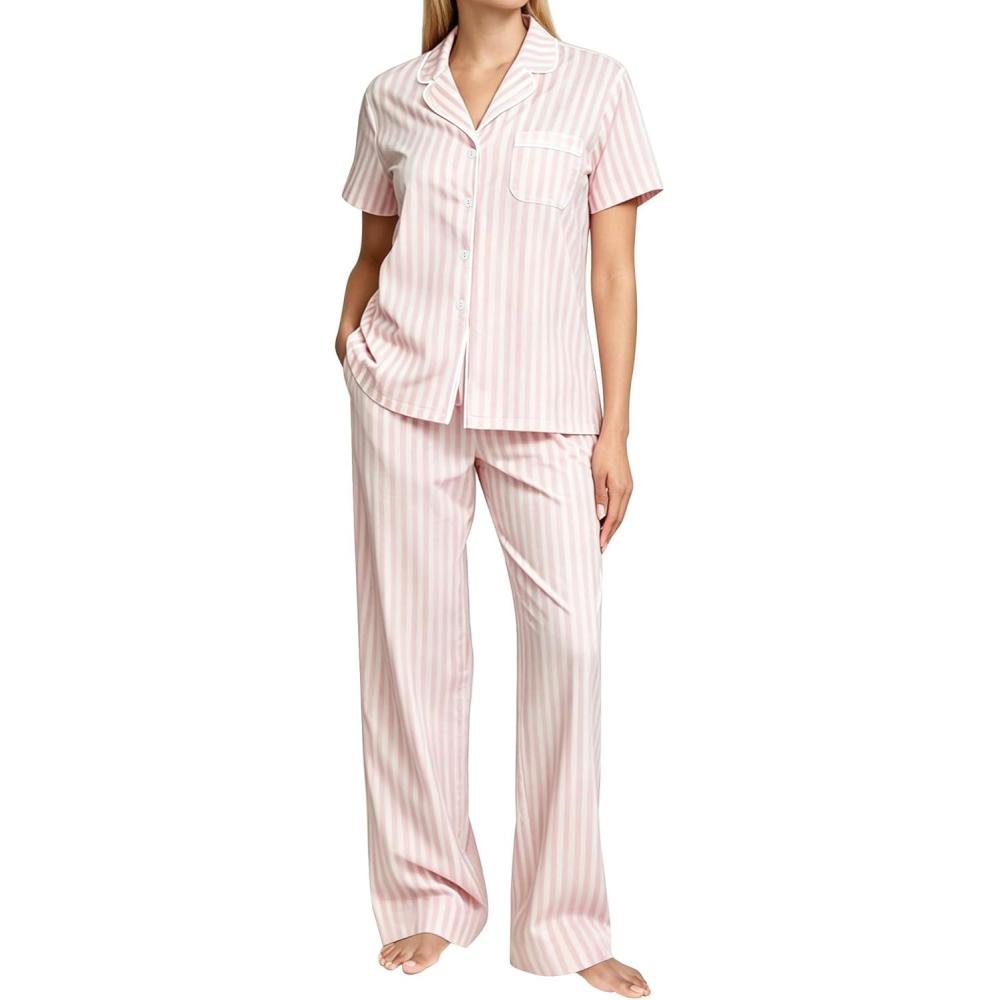 imageSWOMOG Women Pajama Sets TwoPiece Nightwear Short Sleeve Sleepwear Button Down Pj Lounge Sets with Long PantsPink Striped