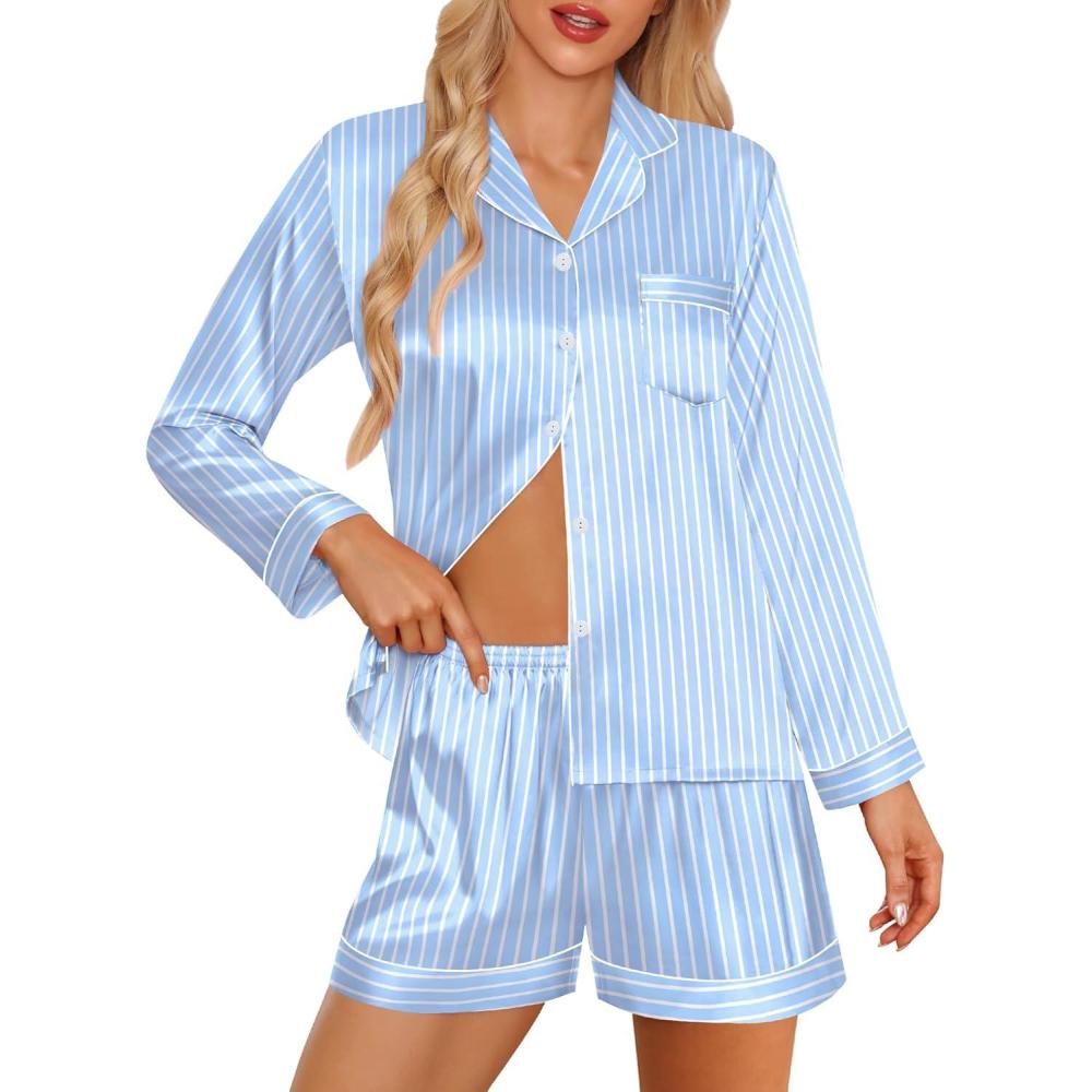imageSWOMOG Womens 2 PCS 3 PCS Pajamas Set Silk Satin Long Sleeve Sleepwear Button Down Loungewear Pjs NightwearZ Blue Striped 2 Pcs
