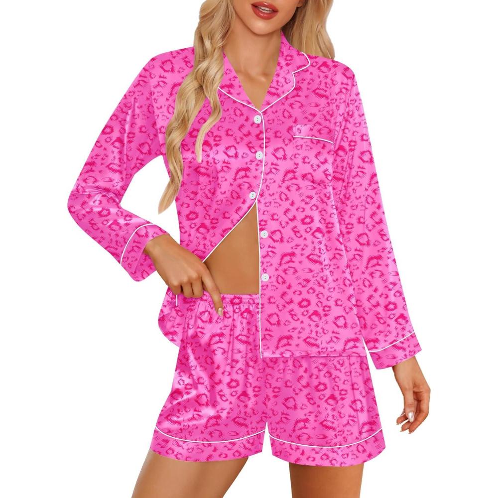 imageSWOMOG Womens 2 PCS 3 PCS Pajamas Set Silk Satin Long Sleeve Sleepwear Button Down Loungewear Pjs NightwearZ Hot Pink Leopard 2 Pcs