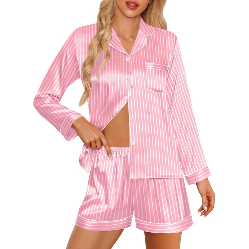 imageSWOMOG Womens 2 PCS 3 PCS Pajamas Set Silk Satin Long Sleeve Sleepwear Button Down Loungewear Pjs NightwearZ Pink Striped 2 Pcs