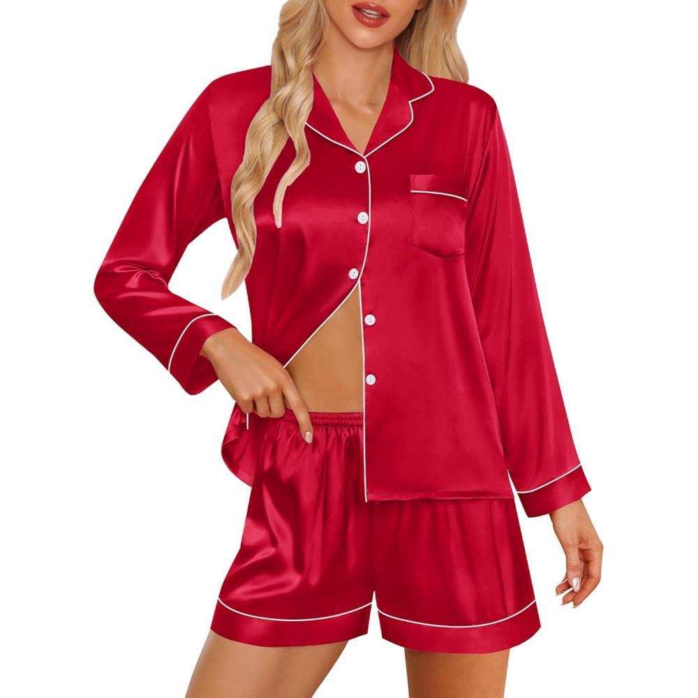 imageSWOMOG Womens 2 PCS 3 PCS Pajamas Set Silk Satin Long Sleeve Sleepwear Button Down Loungewear Pjs NightwearZ Red 2 Pcs