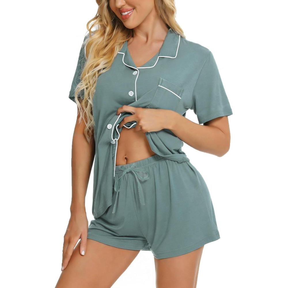 imageSWOMOG Womens Button Down Pajamas Set Short Sleeve Sleepwear Bride Soft Pj Lounge Sets XS3XLMoss Green