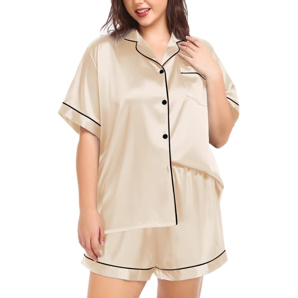 imageSWOMOG Womens Plus Size Pajama Set Silk Satin Pajamas Button Down Loungewear Short Sleeve Pjs 2 piece Sleepwear 1628WChampagne